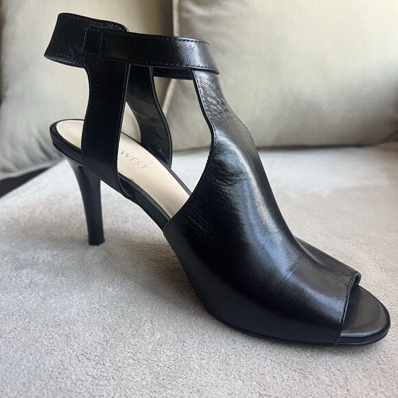 New Nine West Infusion Black Leather Heeled Sandals Women 8.5 M Ankle Strap - Picture 3 of 16